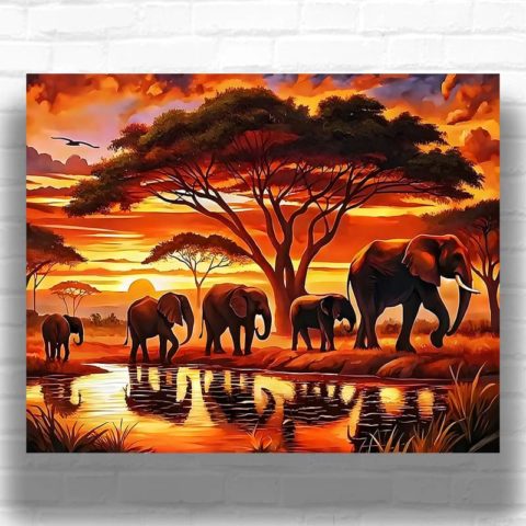 Elephant Family at Sunset - Elephant Paint by Number