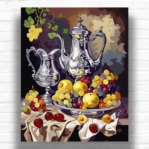 Fruits and Wine in Antique Vases - Still Life Paint by Numbers