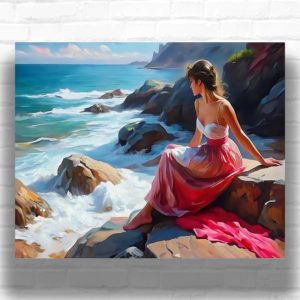 Lady on the Rocky Coast near Sea - Paint by Number Lady