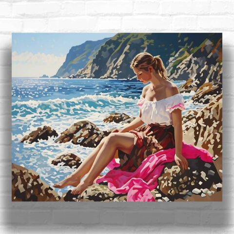 Lady on the Rocky Coast near Sea - Paint by Number Lady