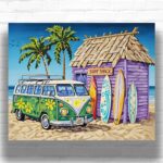 Surf Trip on Hippie Van - Beach Scene Paint by Number