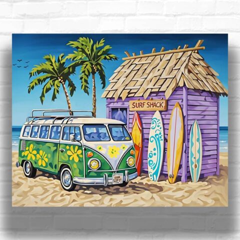 Surf Trip on Hippie Van - Beach Scene Paint by Number