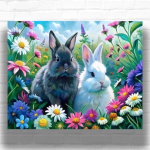 Cute Rabbits in Flower Meadow - Rabbit Paint by Number