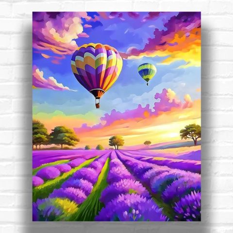 Hot Air Balloons Flight Over a Lavender Field - Paint by Numbers