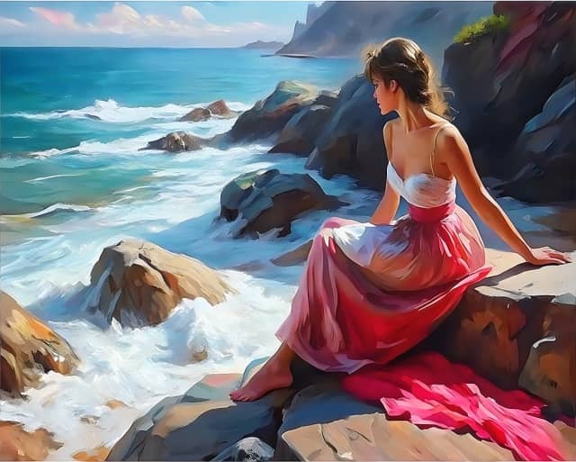 Lady on the Rocky Coast Near the Sea - Paint by Numbers Kit