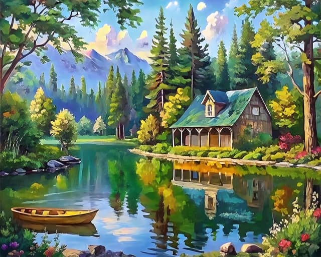 Small House in Forest on Lake - Paint by Numbers Kit