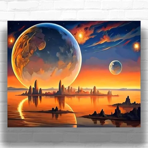 Three Planets on the Galactic Coast - Paint by Numbers Sci Fi