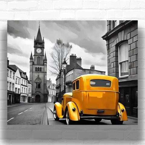 Yellow Vintage Car on European Street - Paint by Numbers Classic Cars