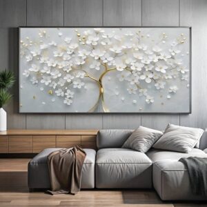 White Flowers on Golden Tree - Paint by Numbers Big Size