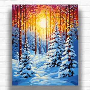 Golden Sunset in Winter Forest - Forest Paint by Number