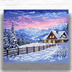 Mountain Cabin at Sunset - Paint by Number Winter Scenes