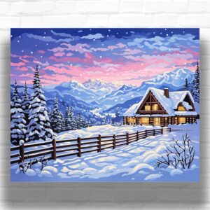 Mountain Cabin at Sunset - Paint by Number Winter Scenes