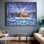 Northern Lights Over Winter Cabin - Aurora Borealis Paint by Numbers