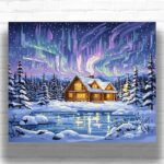 Northern Lights Over Winter Cabin - Paint by Numbers Aurora