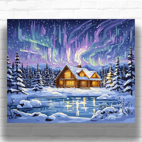 Northern Lights Over Winter Cabin - Paint by Numbers Aurora