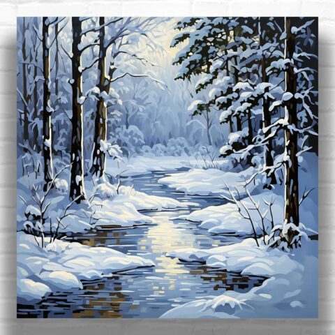 Snowy Forest with River - Forest Paint by Number