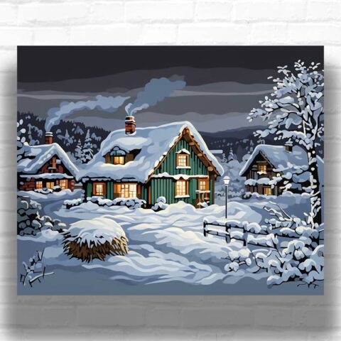 Snowy Village at Night - Rustic Paint by Numbers